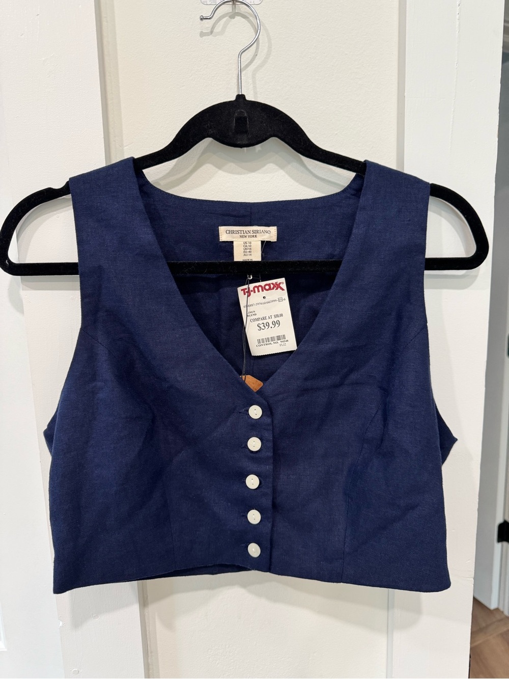 Christian Siriano Navy Sleeveless Button-Front Crop Top